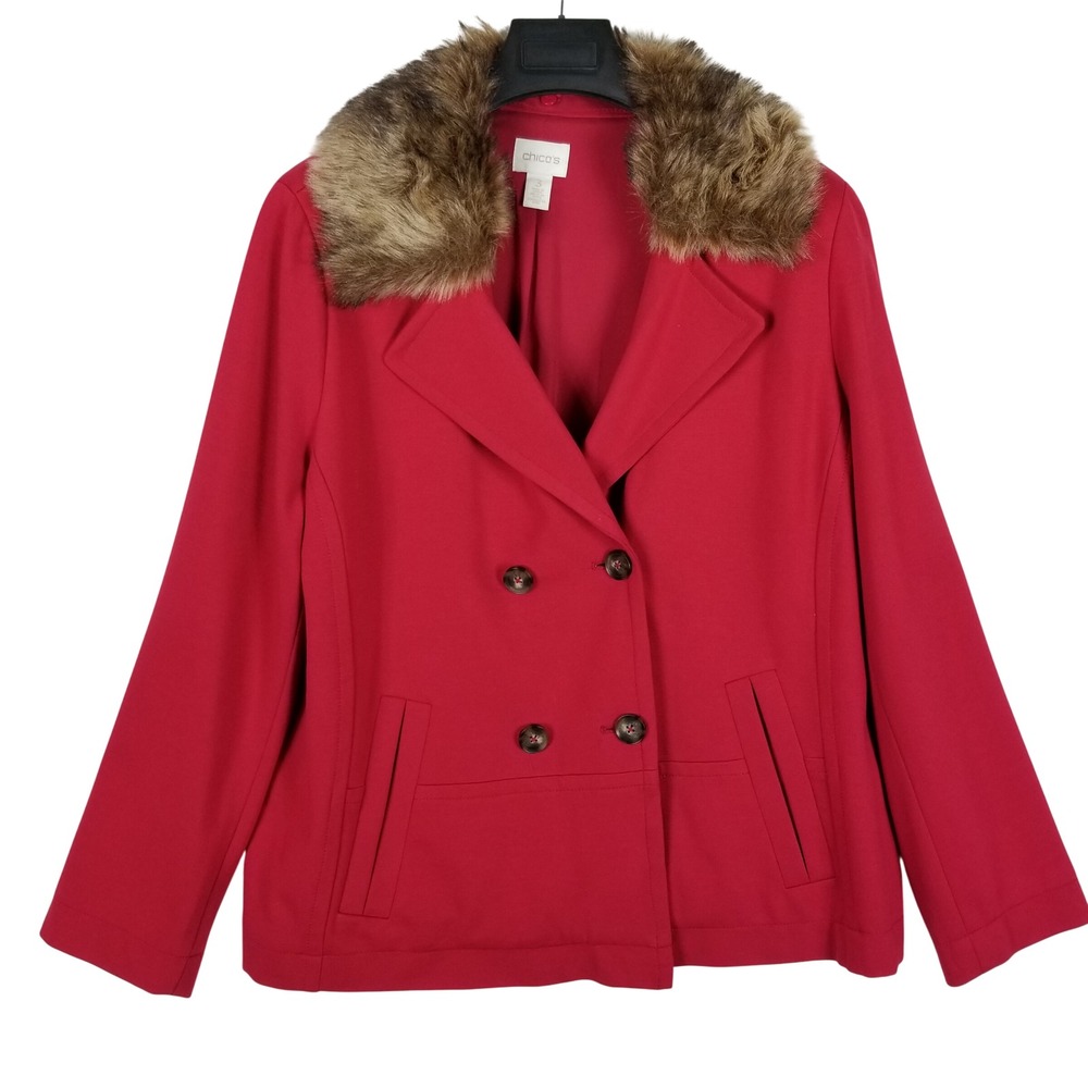 Chico's Double Breasted‎ Jacket Womens 3 Red Faux Fur Collar Stretch Peacoat